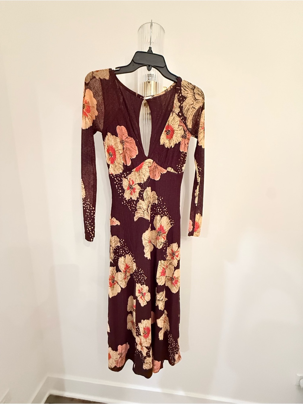 Free People Burgundy Floral Long Sleeve Midi Dress with Keyhole Detail
